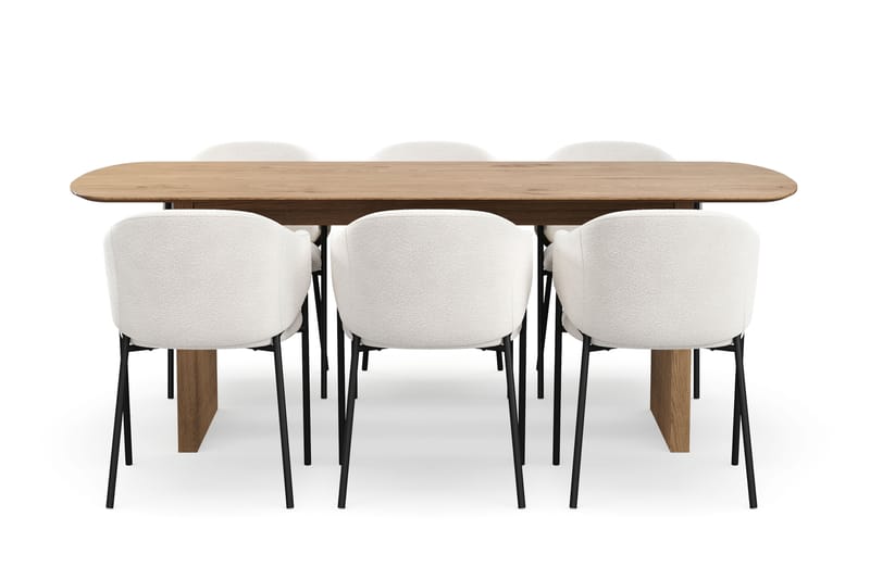 Richeto Matbord 210 cm med 6 Filip Matstolar - Naturlig finish / Vit Bouclé - Möbler - Matplats - Matgrupp & matbord med stolar
