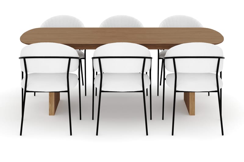 Richeto Matbord 210 cm med 6 Karol Matstolar - Naturlig finish / Vit Bouclé - Möbler - Matplats - Matgrupp & matbord med stolar