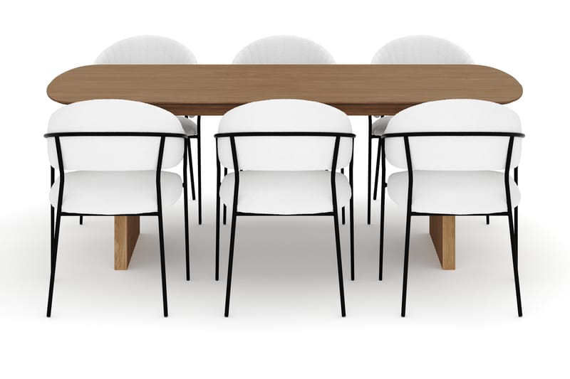 Richeto Matbord 210 cm med 6 Karol Matstolar - Naturlig finish / Vit Bouclé - Möbler - Matplats - Matgrupp & matbord med stolar