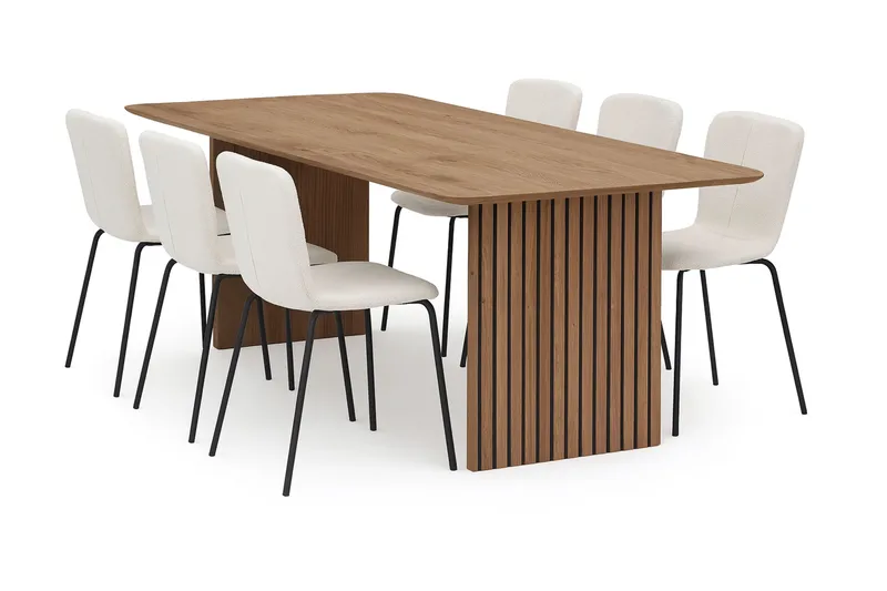 Richeto Matbord 210 cm med 6 Katy Matstolar, Naturlig finish / Vit Bouclé / Metallben Svart