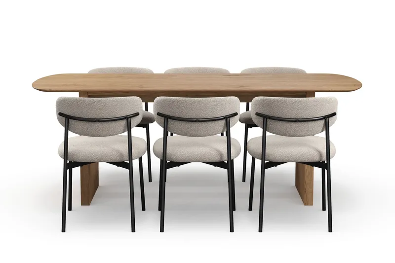 Richeto Matbord 210 cm med 6 Lucy Matstolar - Naturlig finish / Greige Bouclé / Metallben Svart - Möbler - Matplats - Matgrupp & matbord med stolar