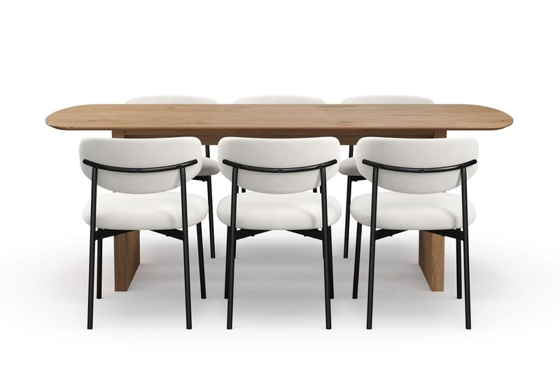 Richeto Matbord 210 cm med 6 Lucy Matstolar - Naturlig finish / Vit Bouclé / Metallben Svart - Möbler - Matplats - Matgrupp & matbord med stolar