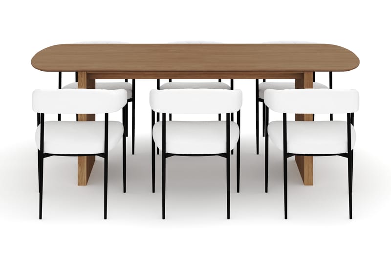 Richeto Matbord 210 cm med 6 Velma Matstolar - Naturlig finish / Vit Bouclé - Möbler - Matplats - Matgrupp & matbord med stolar