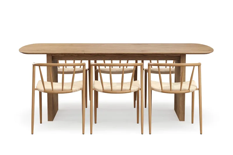 Richeto Matbord 210 cm med 6 Winston Matstolar - Naturlig finish / Beige / Metallben Ek - Möbler - Matplats - Matgrupp & matbord med stolar