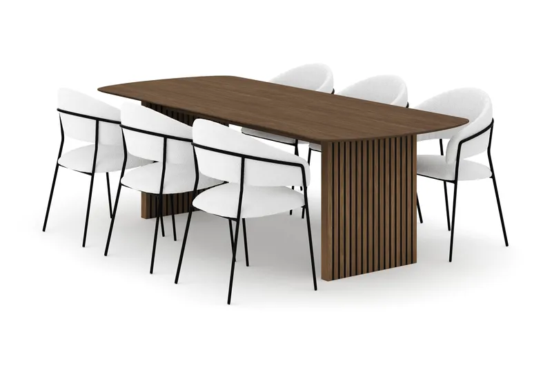 Richeto Matbord 240 cm med 6 Karol Matstolar, Rökt ek / Vit Bouclé