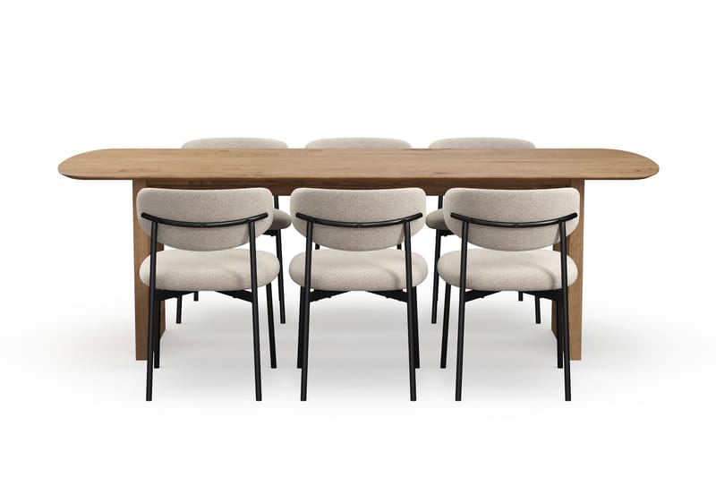 Richeto Matbord 240 cm med 6 Lucy Matstolar - Naturlig finish / Greige Bouclé / Metallben Svart - Möbler - Matplats - Matgrupp & matbord med stolar