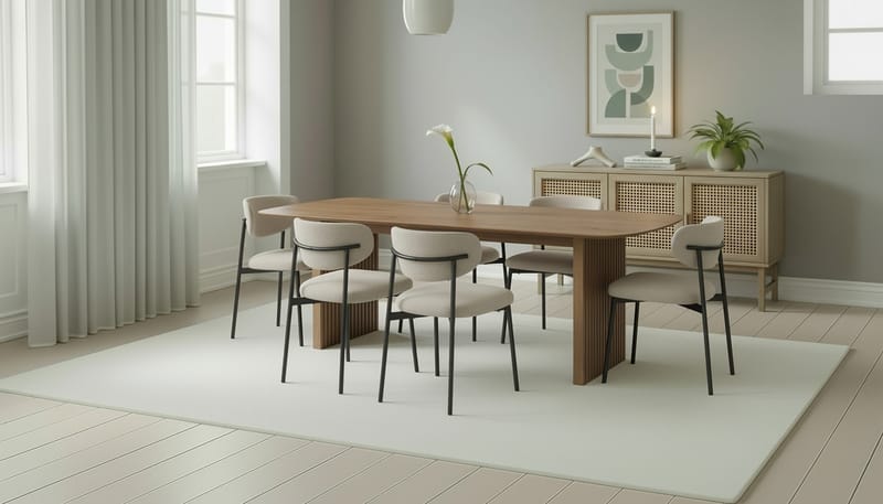 Richeto Matbord 240 cm med 6 Lucy Matstolar - Naturlig finish / Greige Bouclé / Metallben Svart - Möbler - Matplats - Matgrupp & matbord med stolar