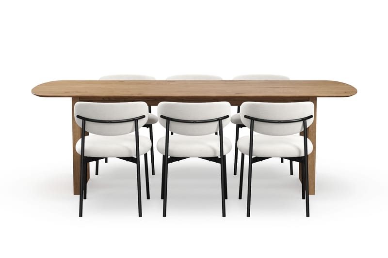 Richeto Matbord 240 cm med 6 Lucy Matstolar - Naturlig finish / Vit Bouclé / Metallben Svart - Möbler - Matplats - Matgrupp & matbord med stolar