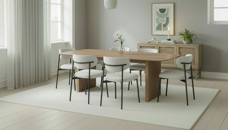 Richeto Matbord 240 cm med 6 Lucy Matstolar - Naturlig finish / Vit Bouclé / Metallben Svart - Möbler - Matplats - Matgrupp & matbord med stolar