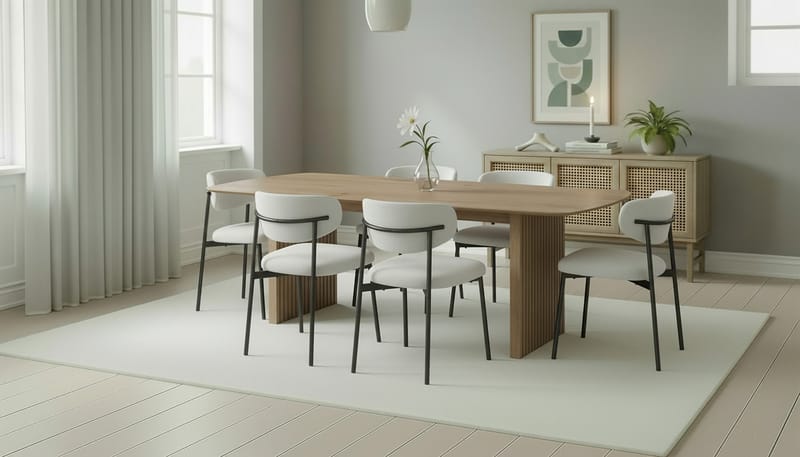 Richeto Matbord 240 cm med 6 Lucy Matstolar - Naturlig finish / Vit Bouclé / Metallben Svart - Möbler - Matplats - Matgrupp & matbord med stolar