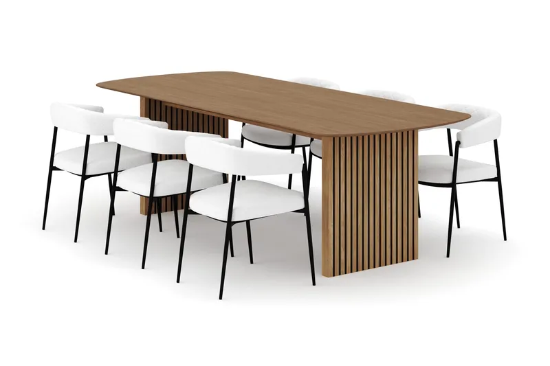 Richeto Matbord 240 cm med 6 Velma Matstolar, Naturlig finish / Vit Bouclé