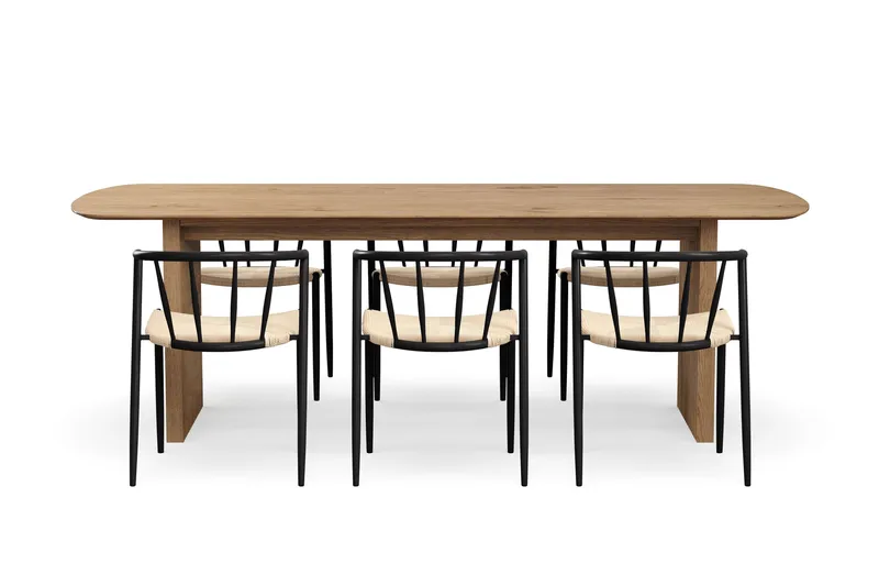 Richeto Matbord 240 cm med 6 Winston Matstolar - Naturlig finish / Beige / Metallben Svart - Möbler - Matplats - Matgrupp & matbord med stolar