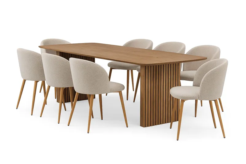 Richeto Matbord 240 cm med 8 Greya Matstolar med armstöd, Naturlig finish / Greige Bouclé / Metallben Ek