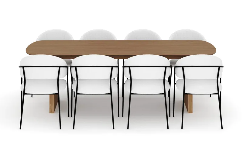 Richeto Matbord 240 cm med 8 Karol Matstolar - Naturlig finish / Vit Bouclé - Möbler - Matplats - Matgrupp & matbord med stolar