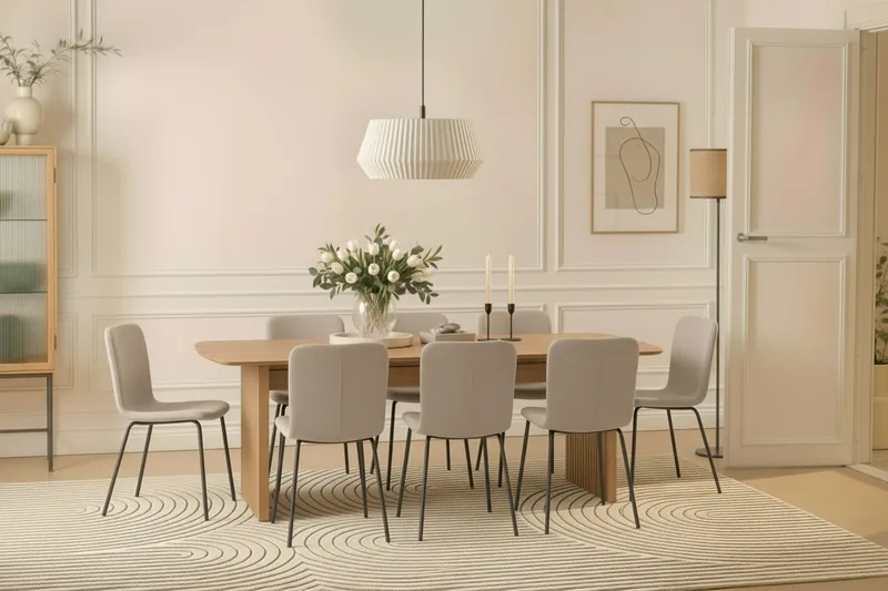 Richeto Matbord 240 cm med 8 Katy Matstolar - Naturlig finish / Greige Bouclé / Metallben Svart - Möbler - Matplats - Matgrupp & matbord med stolar