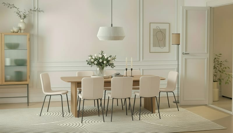 Richeto Matbord 240 cm med 8 Katy Matstolar - Naturlig finish / Vit Bouclé / Metallben Svart - Möbler - Matplats - Matgrupp & matbord med stolar