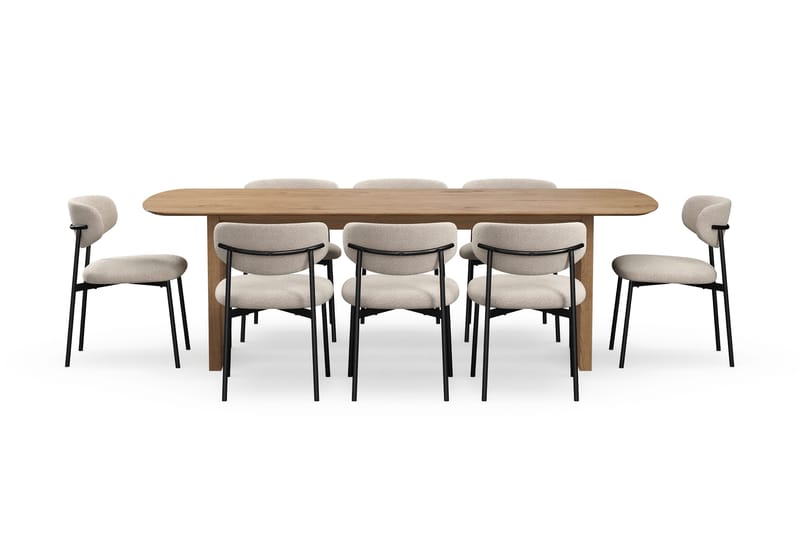 Richeto Matbord 240 cm med 8 Lucy Matstolar - Naturlig finish / Greige Bouclé / Metallben Svart - Möbler - Matplats - Matgrupp & matbord med stolar