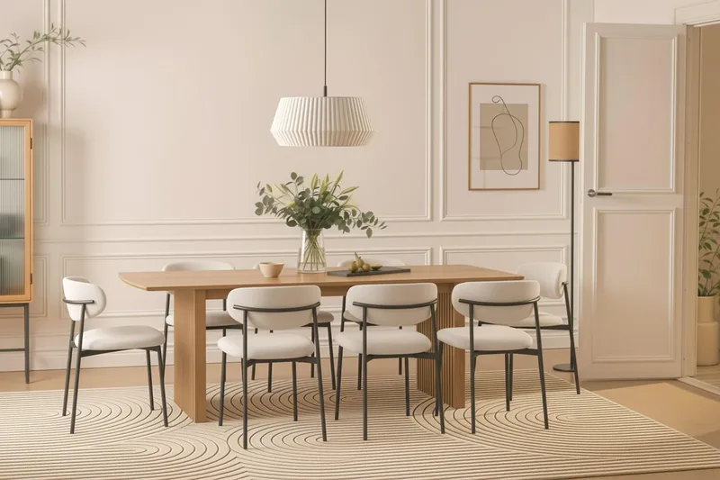 Richeto Matbord 240 cm med 8 Lucy Matstolar - Naturlig finish / Vit Bouclé / Metallben Svart - Möbler - Matplats - Matgrupp & matbord med stolar