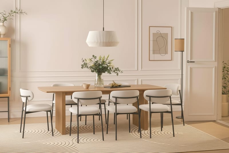 Richeto Matbord 240 cm med 8 Lucy Matstolar - Naturlig finish / Vit Bouclé / Metallben Svart - Möbler - Matplats - Matgrupp & matbord med stolar