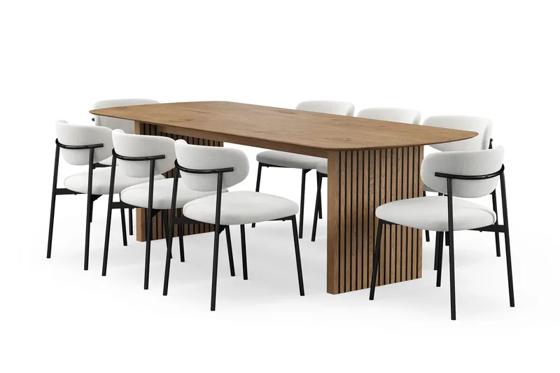 Richeto Matbord 240 cm med 8 Lucy Matstolar, Naturlig finish / Vit Bouclé / Metallben Svart