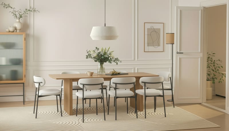 Richeto Matbord 240 cm med 8 Lucy Matstolar - Naturlig finish / Vit Bouclé / Metallben Svart - Möbler - Matplats - Matgrupp & matbord med stolar