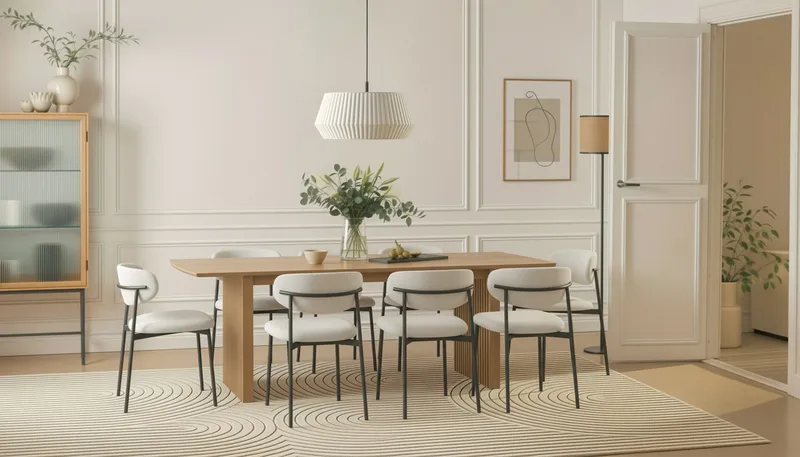 Richeto Matbord 240 cm med 8 Lucy Matstolar - Naturlig finish / Vit Bouclé / Metallben Svart - Möbler - Matplats - Matgrupp & matbord med stolar