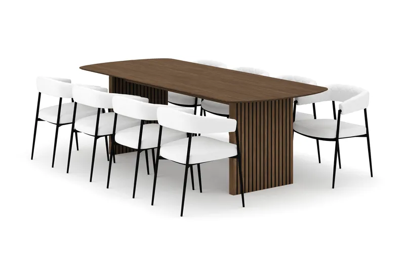 Richeto Matbord 240 cm med 8 Velma Matstolar, Rökt ek / Vit Bouclé
