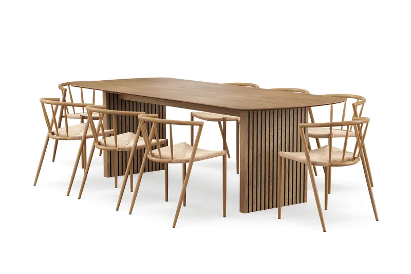 Richeto Matbord 240 cm med 8 Winston Matstolar, Naturlig finish / Beige / Metallben Ek