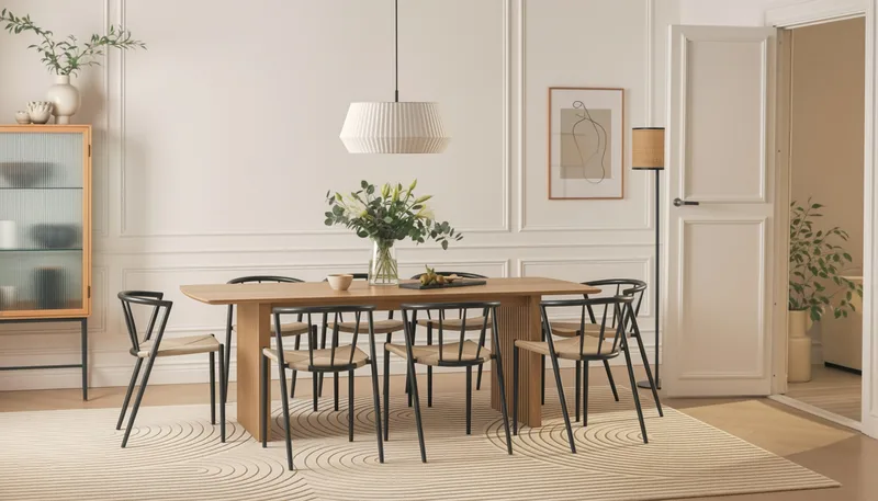 Richeto Matbord 240 cm med 8 Winston Matstolar - Naturlig finish / Beige / Metallben Svart - Möbler - Matplats - Matgrupp & matbord med stolar