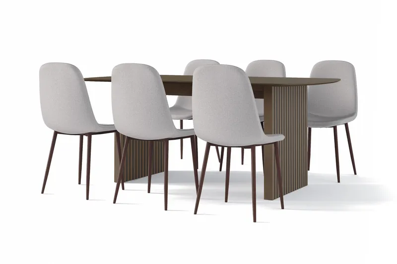 Richeto Matbord Rökt Ek 180 cm valnöt +  6 st Nikolas stol grå med valnöt ben, Brun/Grå