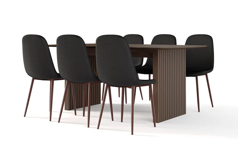 Richeto Matbord Rökt Ek 180 cm valnöt +  6 st Nikolas stol svart med valnöt ben, Brun/Svart