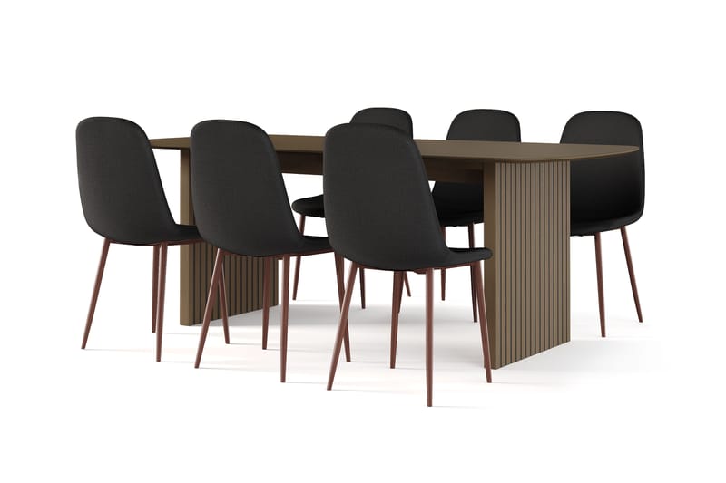 Richeto Matbord Rökt Ek 210 cm valnöt +  6 st Nikolas stol svart med valnöt ben, Brun/Svart