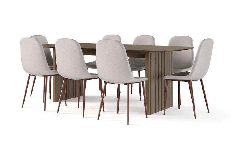 Richeto Matbord Rökt Ek 210 cm valnöt +  8 st Nikolas stol beige med valnöt ben, Brun/Beige