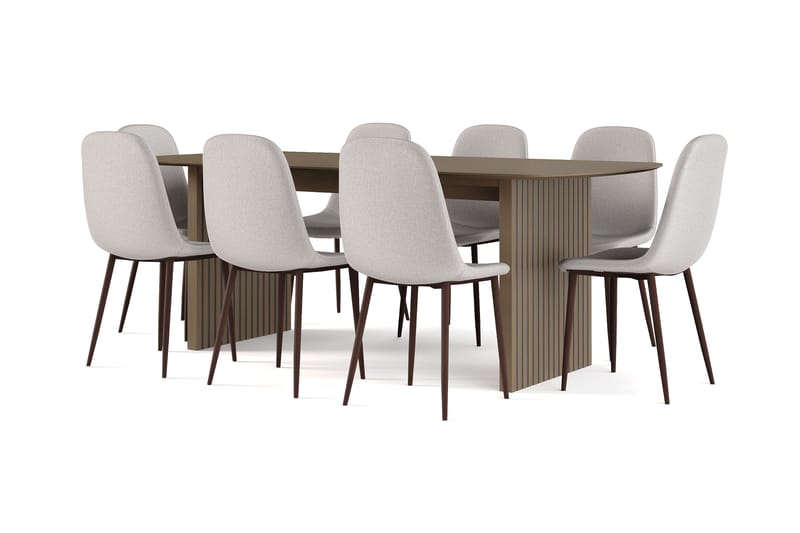 Richeto Matbord Rökt Ek 210 cm valnöt +  8 st Nikolas stol grå med valnöt ben, Brun/Grå