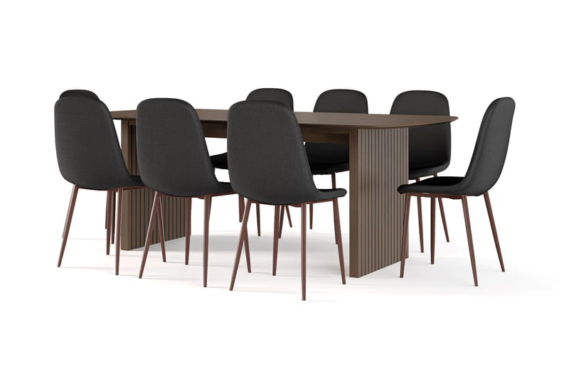 Richeto Matbord Rökt Ek 210 cm valnöt +  8 st Nikolas stol svart med valnöt ben, Brun/Svart