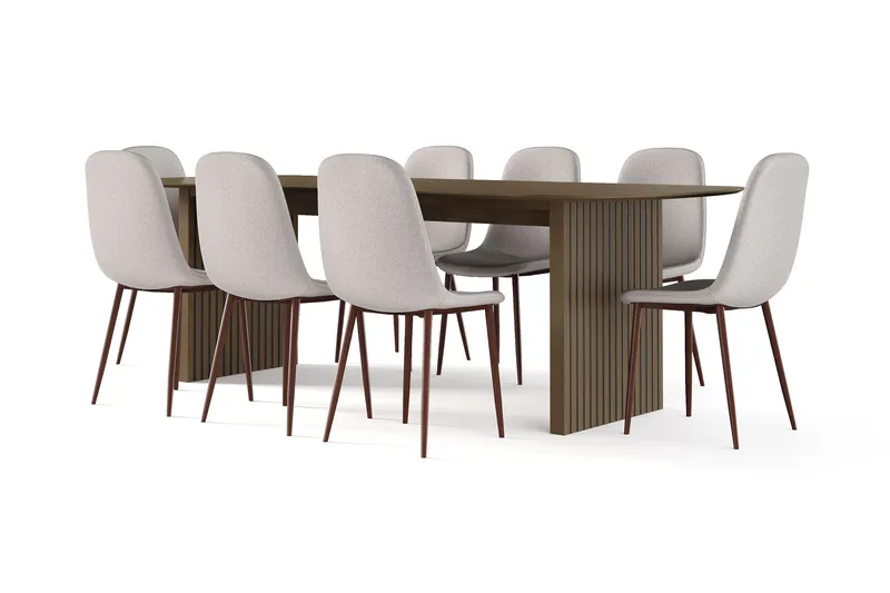 Richeto Matbord Rökt Ek 240 cm valnöt +  8 st Nibe stol beige med valnöt ben, Brun/Beige