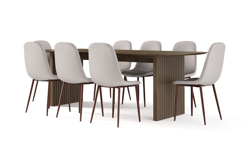 Richeto Matbord Rökt Ek 240 cm valnöt +  8 st Nikolas stol beige med valnöt ben, Brun/Beige