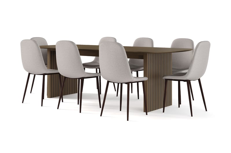 Richeto Matbord Rökt Ek 240 cm valnöt +  8 st Nikolas stol grå med valnöt ben, Brun/Grå