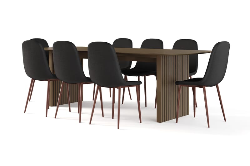 Richeto Matbord Rökt Ek 240 cm valnöt +  8 st Nikolas stol svart med valnöt ben, Brun/Svart