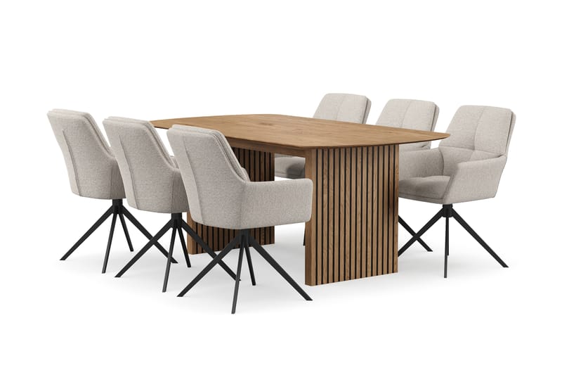 Richeto Matgrupp 180 cm med 6 Torsby Snurrstolar - Naturlig finish/Mörkbeige - Möbler - Matplats - Matgrupp & matbord med stolar