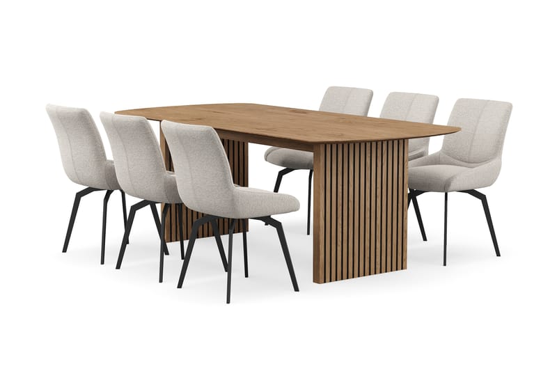 Richeto Matgrupp 210 cm med 6 Mora Snurrstolar, Naturlig finish/Mörkbeige