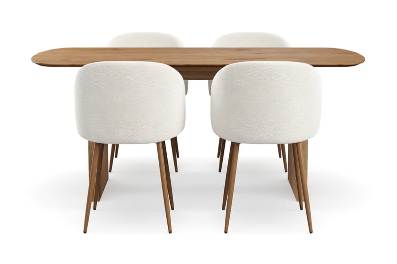 Richeto Matgrupp med 4 Greya Matstolar med Armstöd, Naturlig Finish/Vit Bouclé