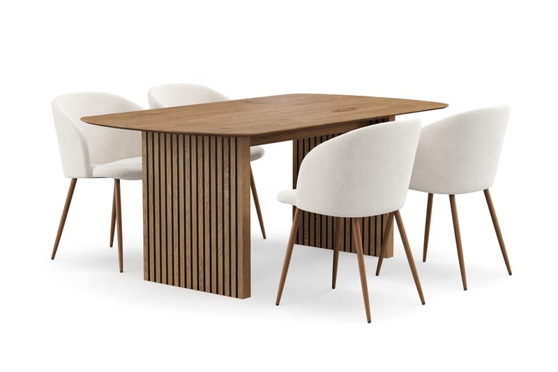 Richeto Matgrupp med 4 Greya Matstolar med Armstöd - Naturlig Finish/Vit Bouclé - Möbler - Matplats - Matgrupp & matbord med stolar