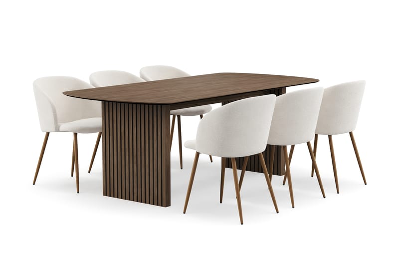 Richeto Matgrupp med 6 Greya Matstolar med Armstöd - Naturlig Finish/Vit Bouclé - Möbler - Matplats - Matgrupp & matbord med stolar