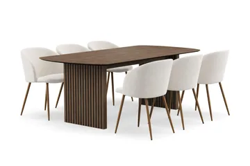 Richeto Matgrupp med 6 Greya Matstolar med Armstöd - Naturlig Finish/Vit Bouclé - Möbler - Matplats - Matgrupp & matbord med stolar