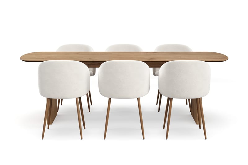 Richeto Matgrupp med 6 Greya Matstolar med Armstöd, Rökt Ek/Vit Bouclé