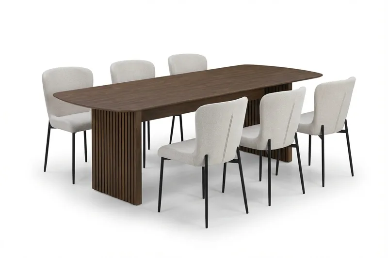 Richeto Matgrupp Rökt Ek 210 cm med 6 Elsie Matstolar, Rökt ek/Vit