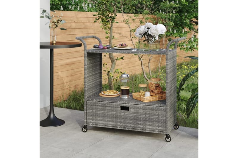 Serveringsvagn med låda grå 100x45x97 cm konstrotting - Grå - Möbler - Matplats - Rullbord & köksvagn