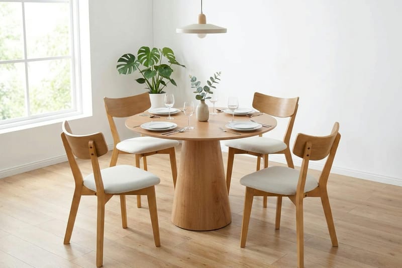 Siena Matgrupp 110 cm runt i Ek med 4 Amelia Matstolar med Dyna - Ek/Beige - Möbler - Matplats - Matgrupp & matbord med stolar