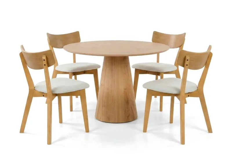 Siena Matgrupp 110 cm runt i Ek med 4 Amelia Matstolar med Dyna, Ek/Beige